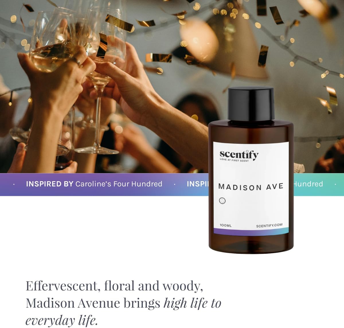 Scentify Madison Ave Aroma Oil Refill Scent for Oil Diffusers – Cassis Blossom, Mandarin, Neroli & White Woods – Luxurious Relaxing Aromatherapy Diffuser Fragrance 100ml, 3.38 oz