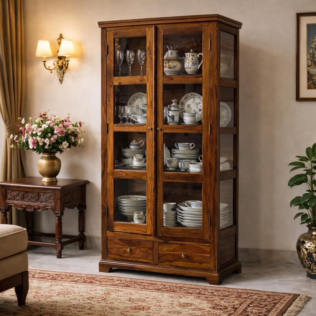 Suryavanshi Solid Sheesham Wood Crockery Cabinet with Glass Doors & Drawers | Wooden Display Unit for Dining & Living Room | Honey Finish | Storage Cupboard for Crockery, Cutlery & Décor-image-47