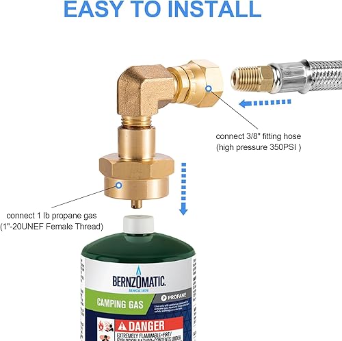 Miniatura 4 de Adaptador de codo de quemador de propano de 1 libra, convertidor de antorcha de gas Mapp de una libra, Conector de 90 grados, Latón giratorio SAE