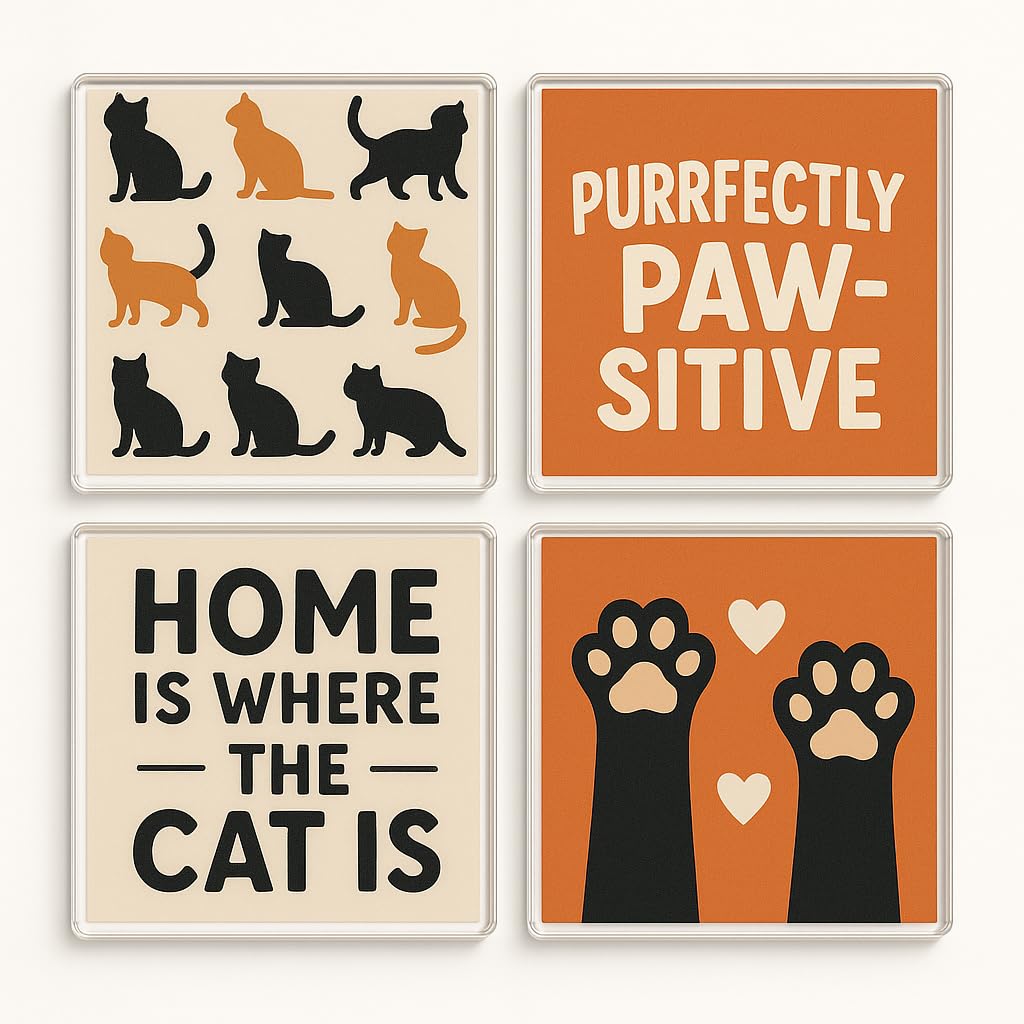 The Plum Penguin Pawsitive Vibes Acrylic Coaster Gift Set Of 4 With Whimsical Cat Designs - Home Decor For Cat Lover Delight