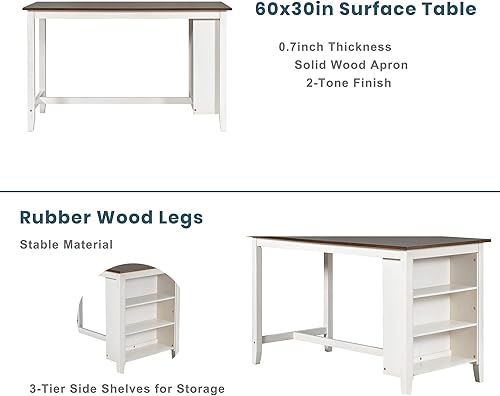 Miniatura 3 de Merax Juego de mesa de bar de madera rústica de 5 piezas de altura de mostrador con 2 taburetes y 2 sillas, color blanco