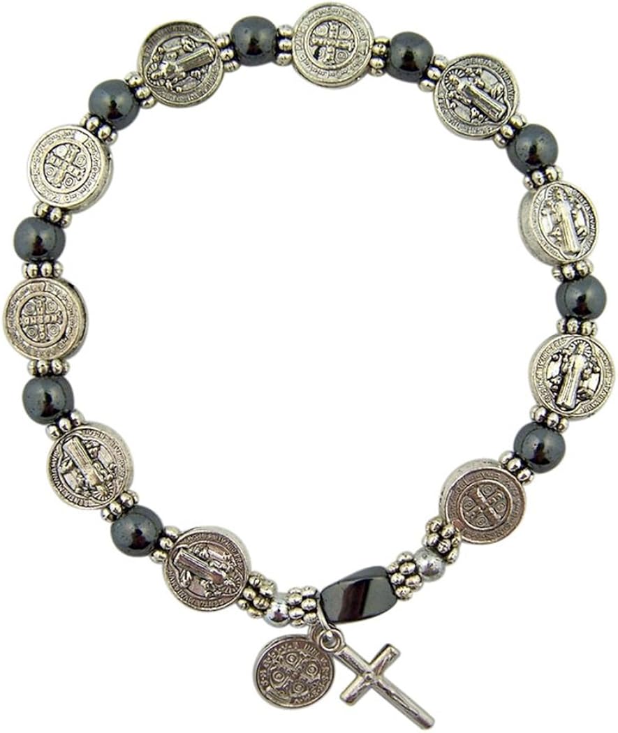 CB Silver Tone Saint Benedict Medal Hematite Bead Rosary Bracelet, 7 1/2 Inch