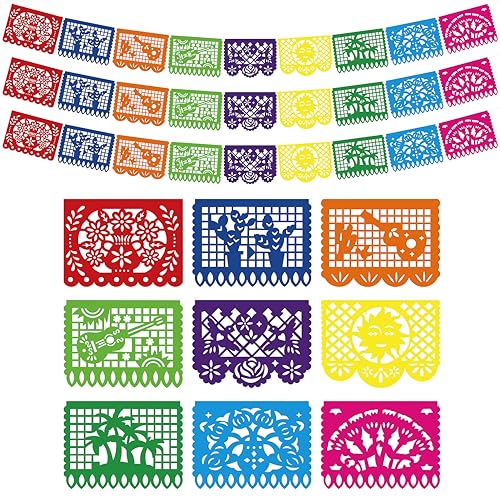 3 Pack Mexican Party Decorations - 54 Ft Large Fiesta Banner, Plastic Papel Picado Mexican Themed Party Banner Flags, Waterproof Outdoor Cinco De Mayo Decor, Dia De Los Muertos, Birthday, Wedding