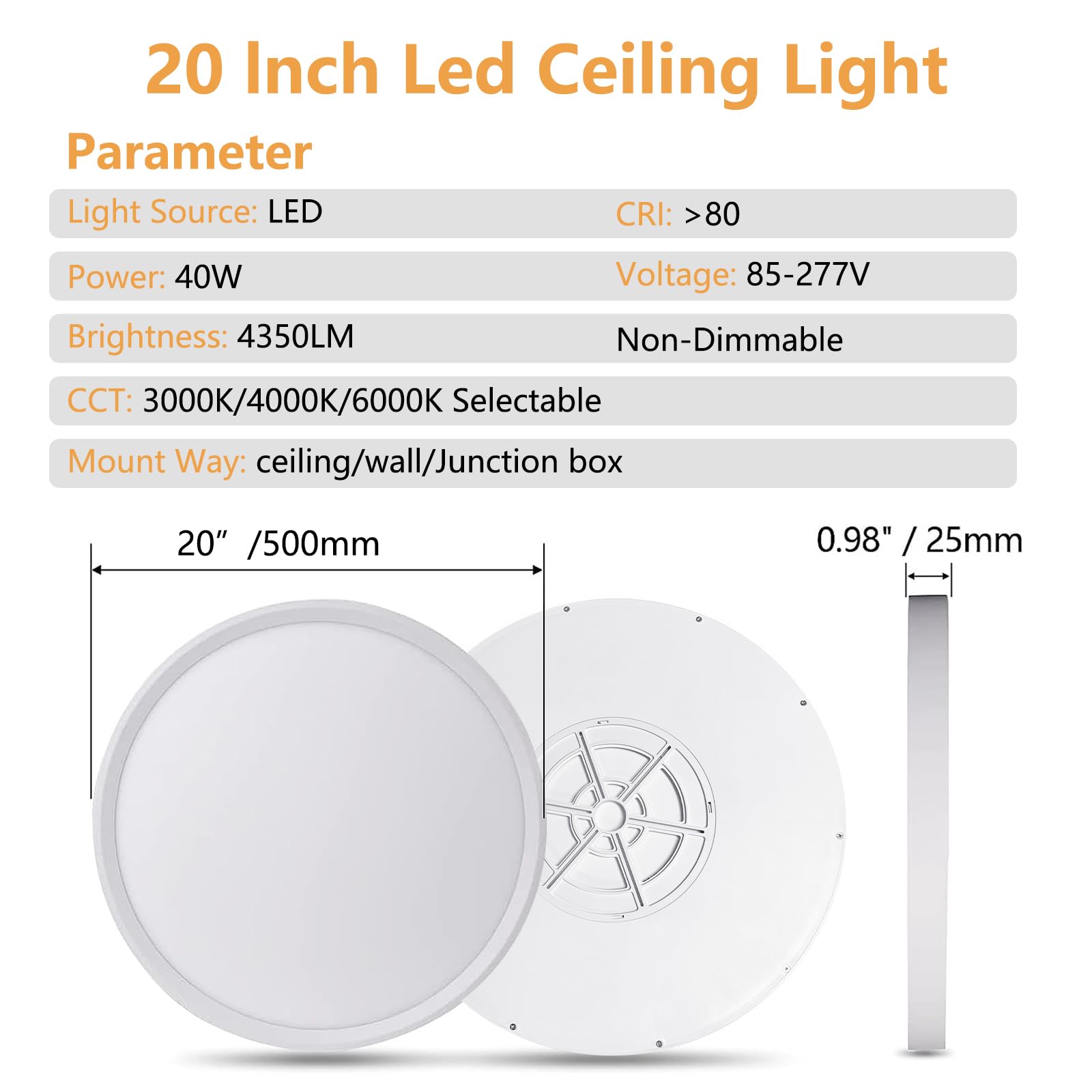 Lámpara de techo LED empotrada de 20 pulgadas, 40 W, 4350 lm, 3000 K/4000 K/6000 K CCT seleccionable, luz de panel plano redondo superdelgado para sala de estar, dormitorio, cocina