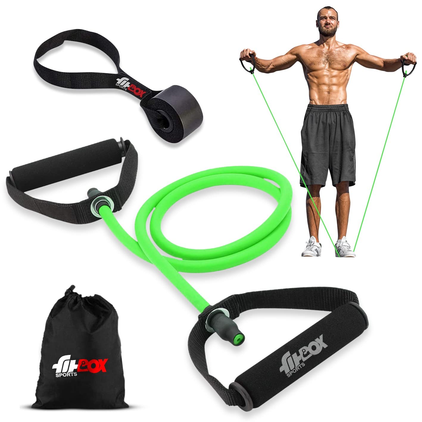 FitBox Sports Toning Tube with Door Anchor | Resistance Exercise Band | Comfortable Handles - Ideal for Physical Therapy, Strength Training, Muscle Toning - Green