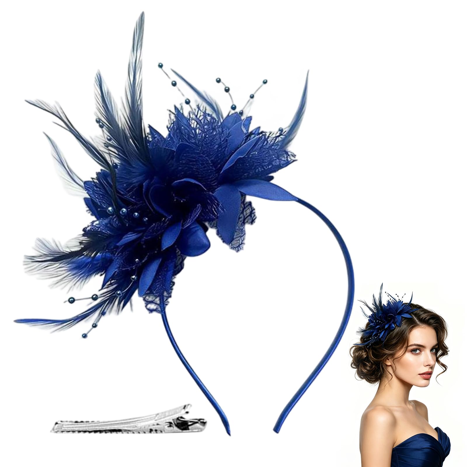 FUNLOV Feather Pearl Veil Headband with a Forked Clip for Girls & Women, Fascinators Hat Flower Mesh Ribbons Feathers on a Headband Tea Party Headwear for Wedding Cocktail Dresses Accessories (Blue)