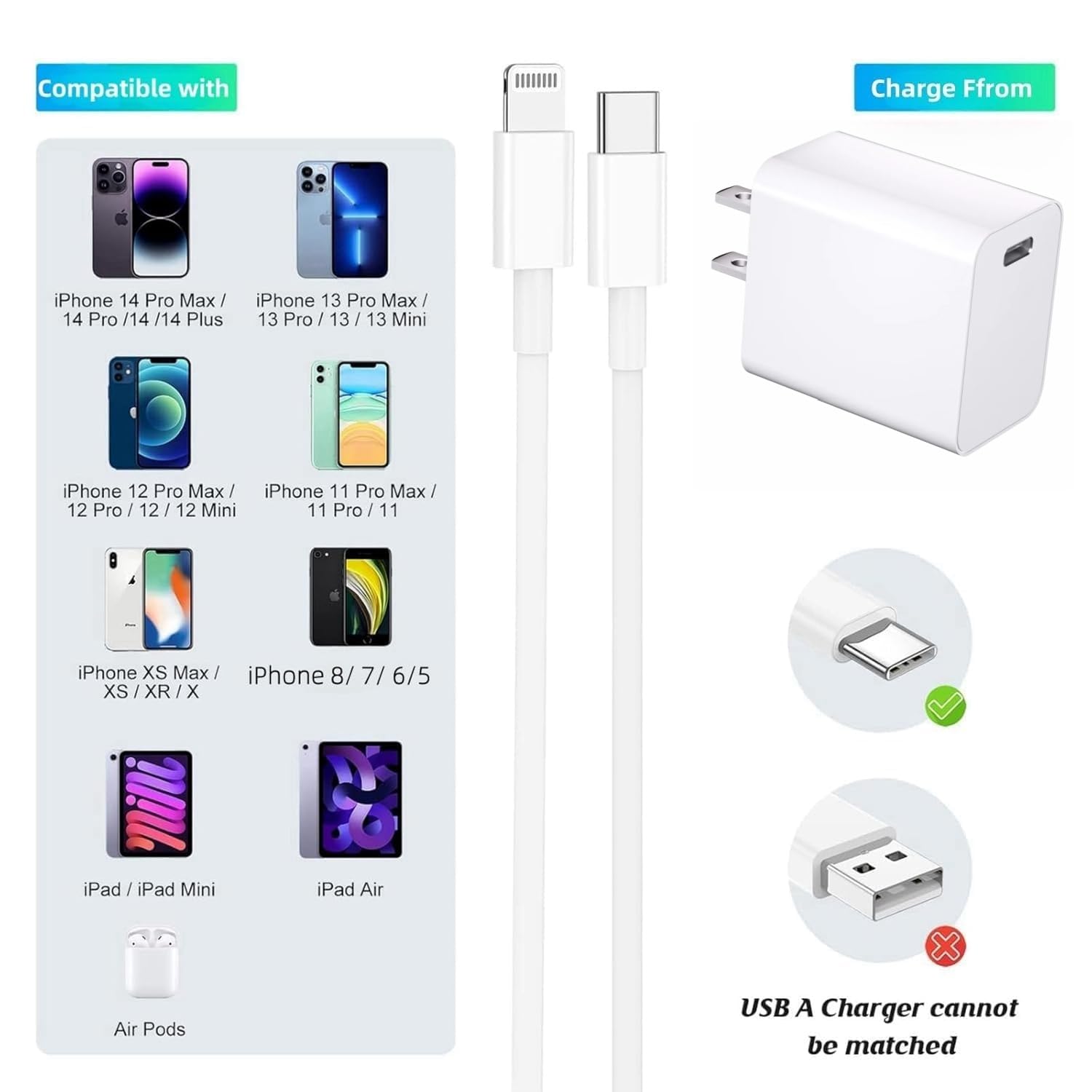 Cavo extra lungo da USB C a Lightning, 3 m, certificato MFi, 27 W, ricarica rapida, compatibile con iPad/iPhone 14/14pro/13/12/11/11Pro Max/X/XS/XR/XS/8/7