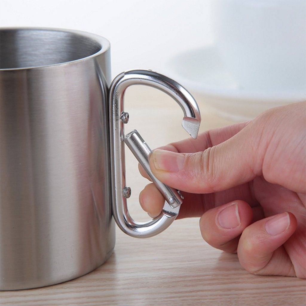 Tazza Da Alpinismo In Acciaio Inox Con Moschettone – Perfetta Per Escursioni E Campeggio, Capacità 250 Ml, Leggera E Antiscivolo, Colore Acciaio