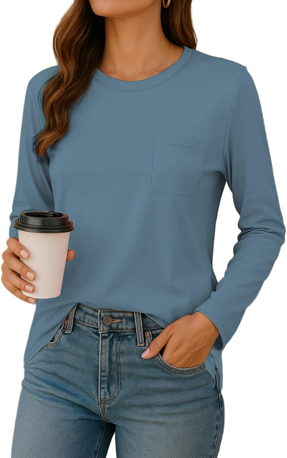 NEYOUQE Womens Fall Loose Plain Long Sleeve T Shirts Basic Tees Shirt Pocket Casual Comfy Tops Trendy T-Shirts(S-XXL)