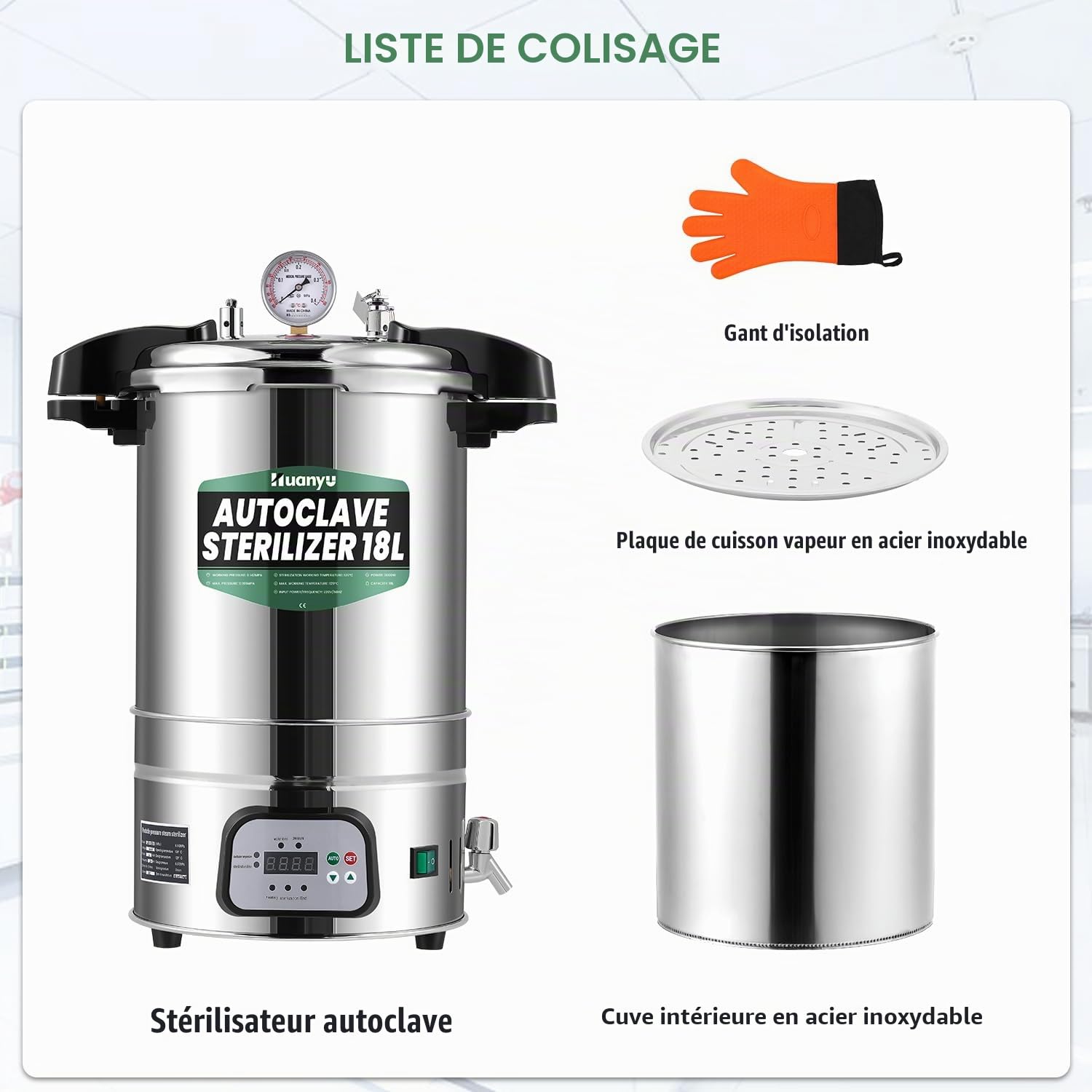 Huanyu Autoclave 18L Autoclave automatique à vapeur Autoclave électrique de laboratoire à contrôle intelligent Température et temps réglables Stérilisateur à vapeur à haute pression