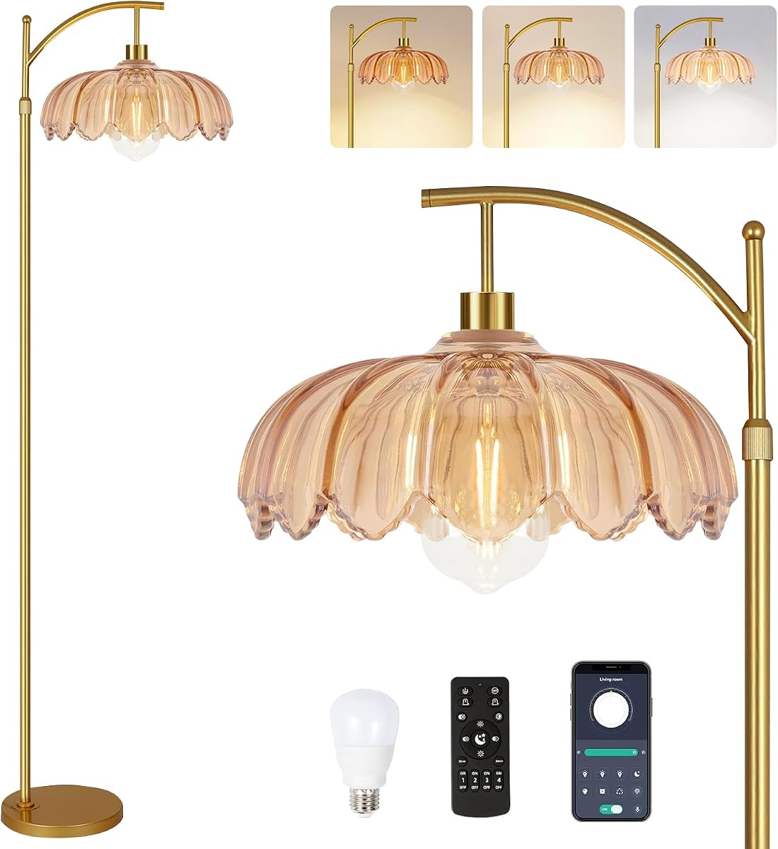 AHDWDW Gold Arc Floor Lamp for Living Room Bedroom,Adjustable Unique Modern Floor Lamps with Remote,Vintage Glass Standing Lamp with Dimmable Bulb,Bright Flower Brass Tall Lamp for Corner Office
