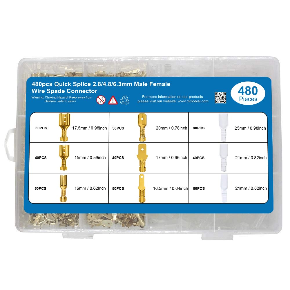 MMOBIEL 480 pz Assortimento di connettori a forcella Morsettiere a crimpare per cavi con guaine isolanti per cablaggio elettrico - 2,8 mm 4,8 mm 6,3 mm maschio e femmina - Oro