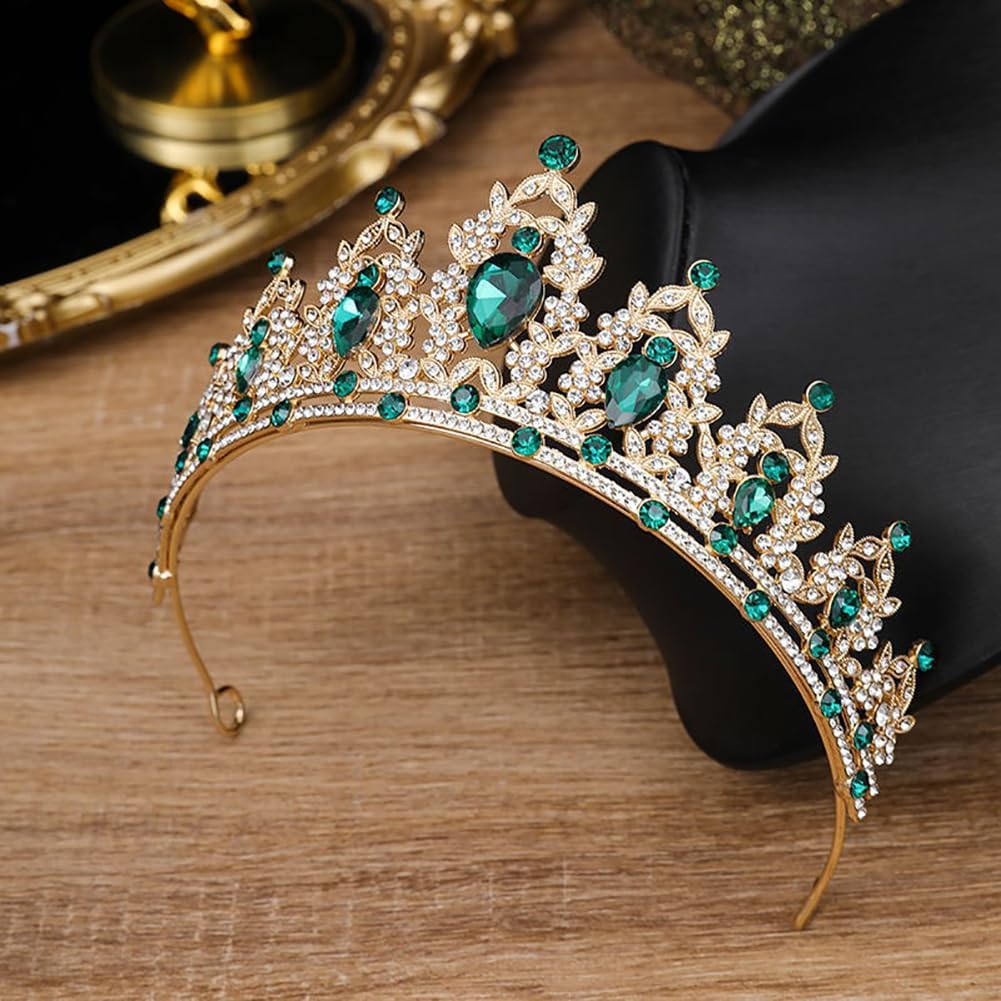 Kryształowa Tiara Korona Kobiety, Elegancka Korona Panny Młodej, Diadem Księżniczki Ślubnej z Zielonym Brokatem, Idealny na Urodziny, Kostium Elsy, Tort i dla Panny Młodej