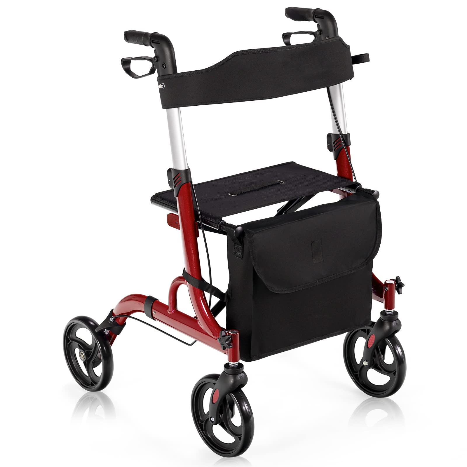 COSTWAY Folding Rollator, Wheeled Mobility Walker with Seat, Dual Brake System, Height Adjustable Handle, Cane Holder and Storage Bag, Lightweight Walking Aid for Elderly Handicapped (Red)