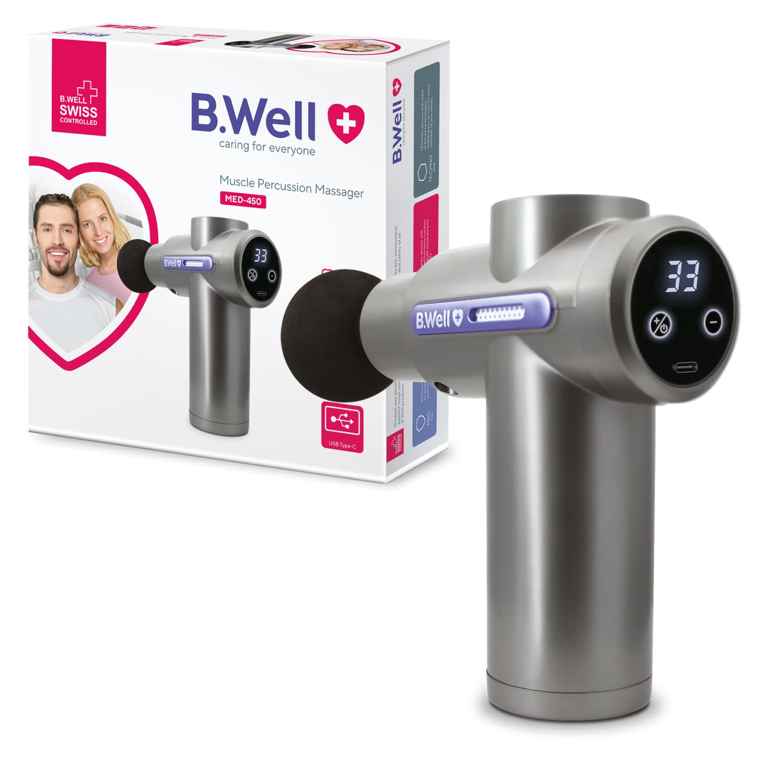 B.Well Swiss MED-450 Nouvelle Génération – Pistolet de Massage Musculaire à Percussion, Massage Profond, 33 Vitesses, 4 Embouts, Récupération Sportive, Batterie 2 500 mAh