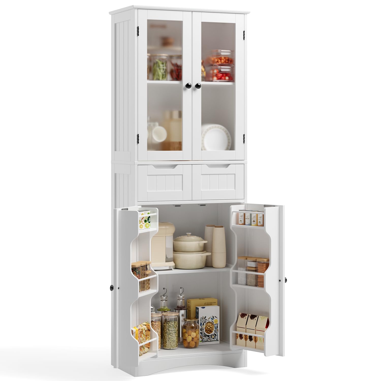 Xbro Armario Alto de Cocina, 170 x 30 x 60cm, Mueble Cocina Alto 4 Puertas y 2 Cajones, Armario de Vitrina con Estantes Laterales, Salón y Comedor (Blanco)