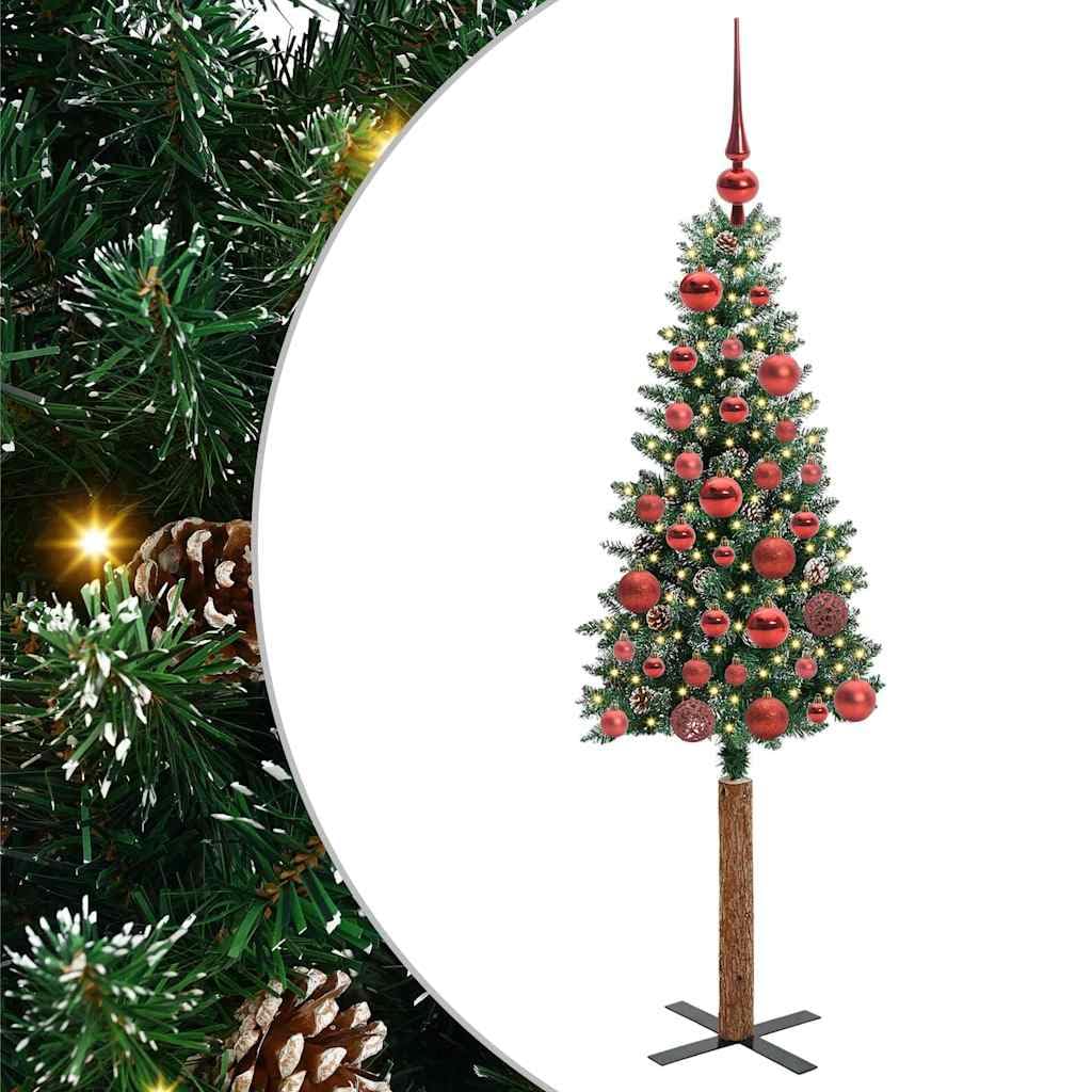 Albero di Natale Artificiale Sottile in PVC e Legno di Pino con 150 LED, Design Salvaspazio con Effetto Neve, Albero di Natale con Luci Incorporate, Christmas Tree, Verde e Bianco, 150 cm