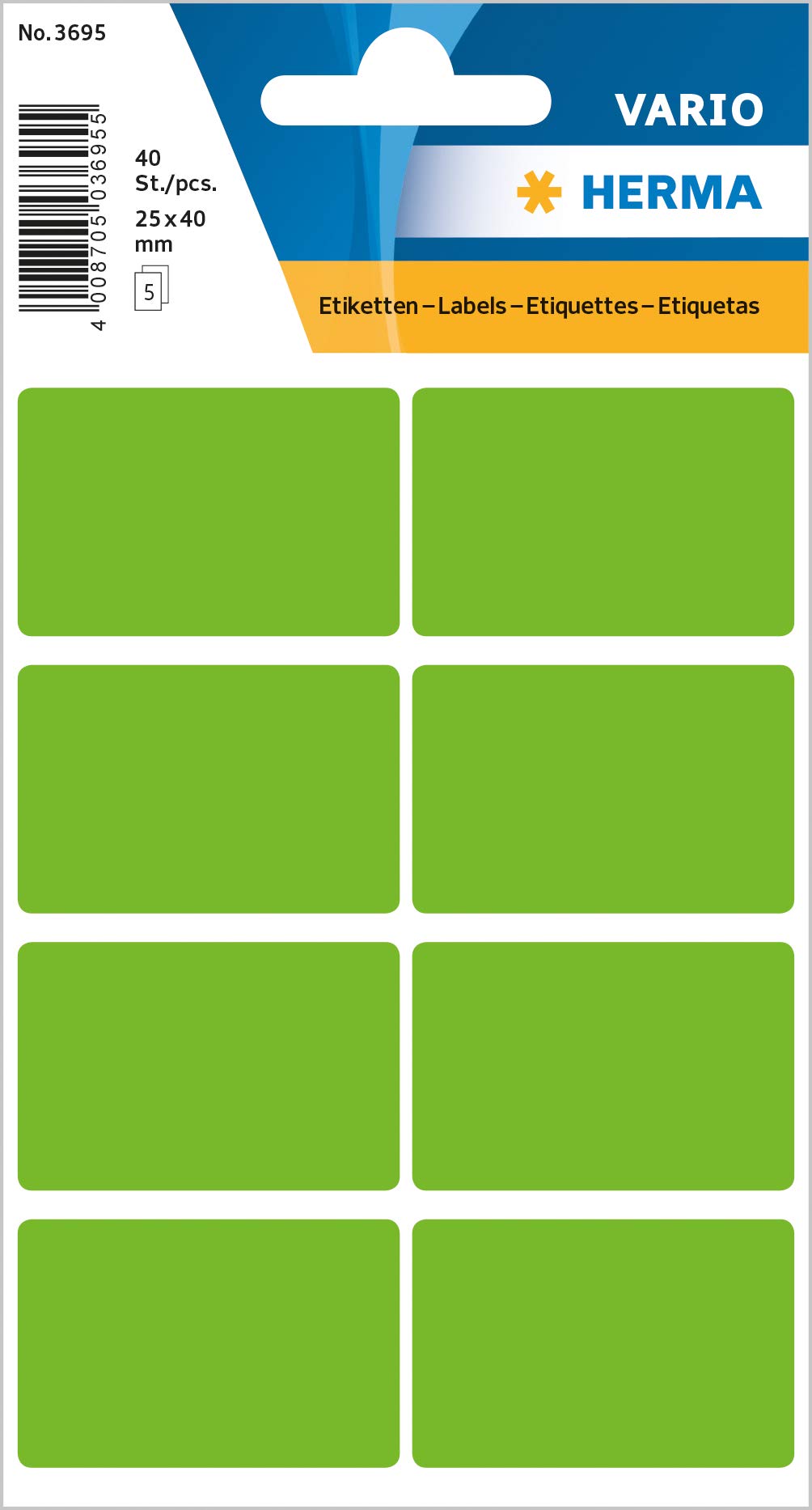 HERMA 3695 Etiquetas multiusos (25 x 40 mm, 5 hojas, mate) Etiquetas autoadhesivas para el hogar para etiquetado a mano, 40 etiquetas adhesivas, verde