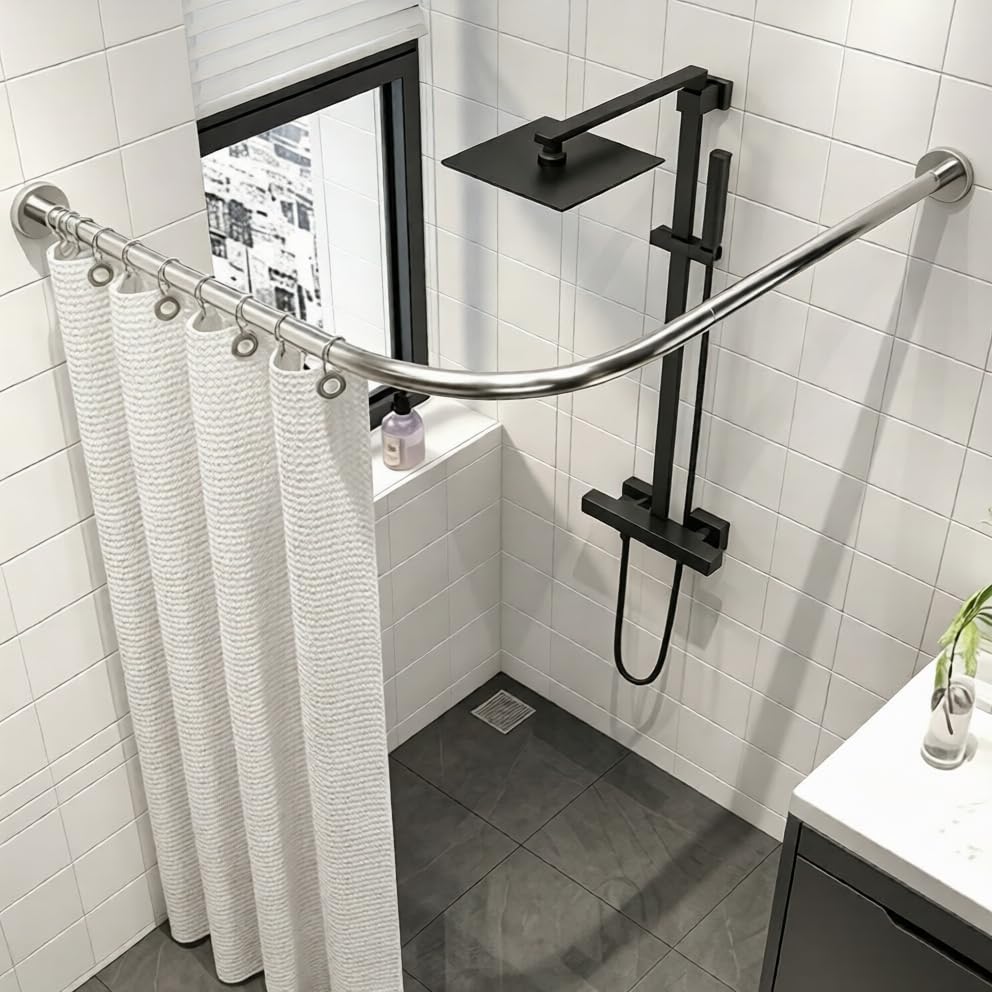 Shower Curtain Rail for Bathroom, L-Shaped Adjustable Shower Curtain Pole 68x98cm / 68x98 cm Adjustable, Wall Mounted Shower Pole, Curved Shower Rail,Silver