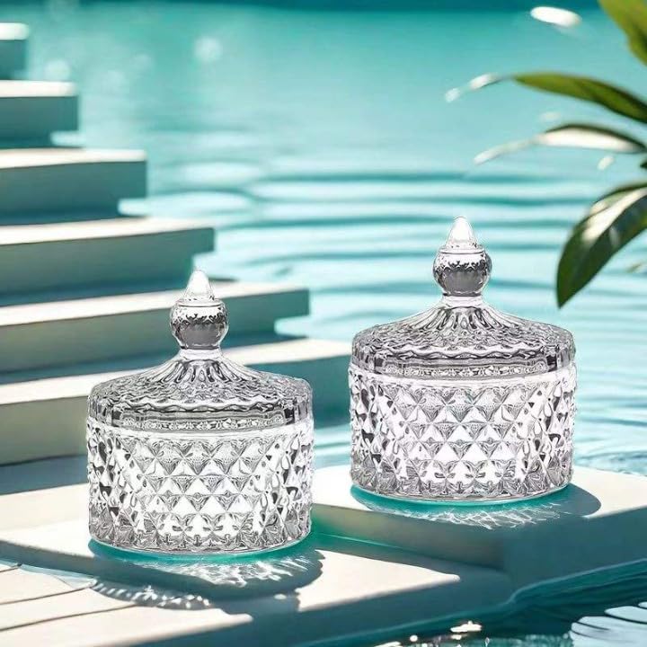Image of Stylish Home Decor Crystal Clear Glass Sugar Candy Mukhwas Jar Bowl Pickle Storage Container Pot with Lid CRYSTAL CANDY JAR. (CANDY JAR 3.5 BIG)