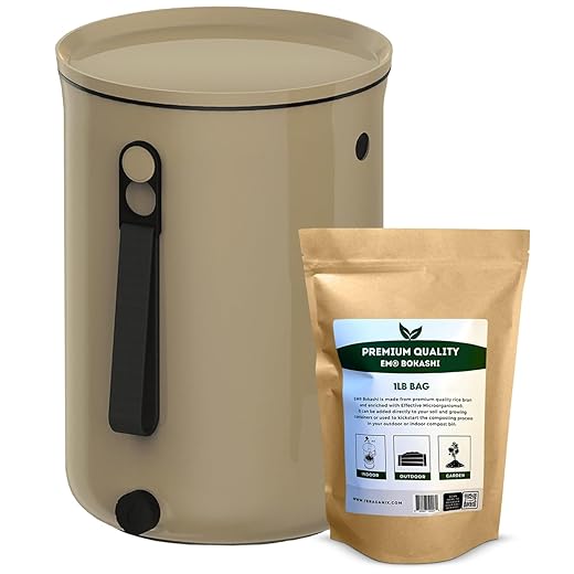 TeraGanix Organko Odor Free Compost Bin, Indoor Compost Starter Kit w/ 1 Lb Bokashi Bran, Countertop Kitchen Compost Bin, Airtight Seal, Spigot, Dishwasher Safe (Cream)