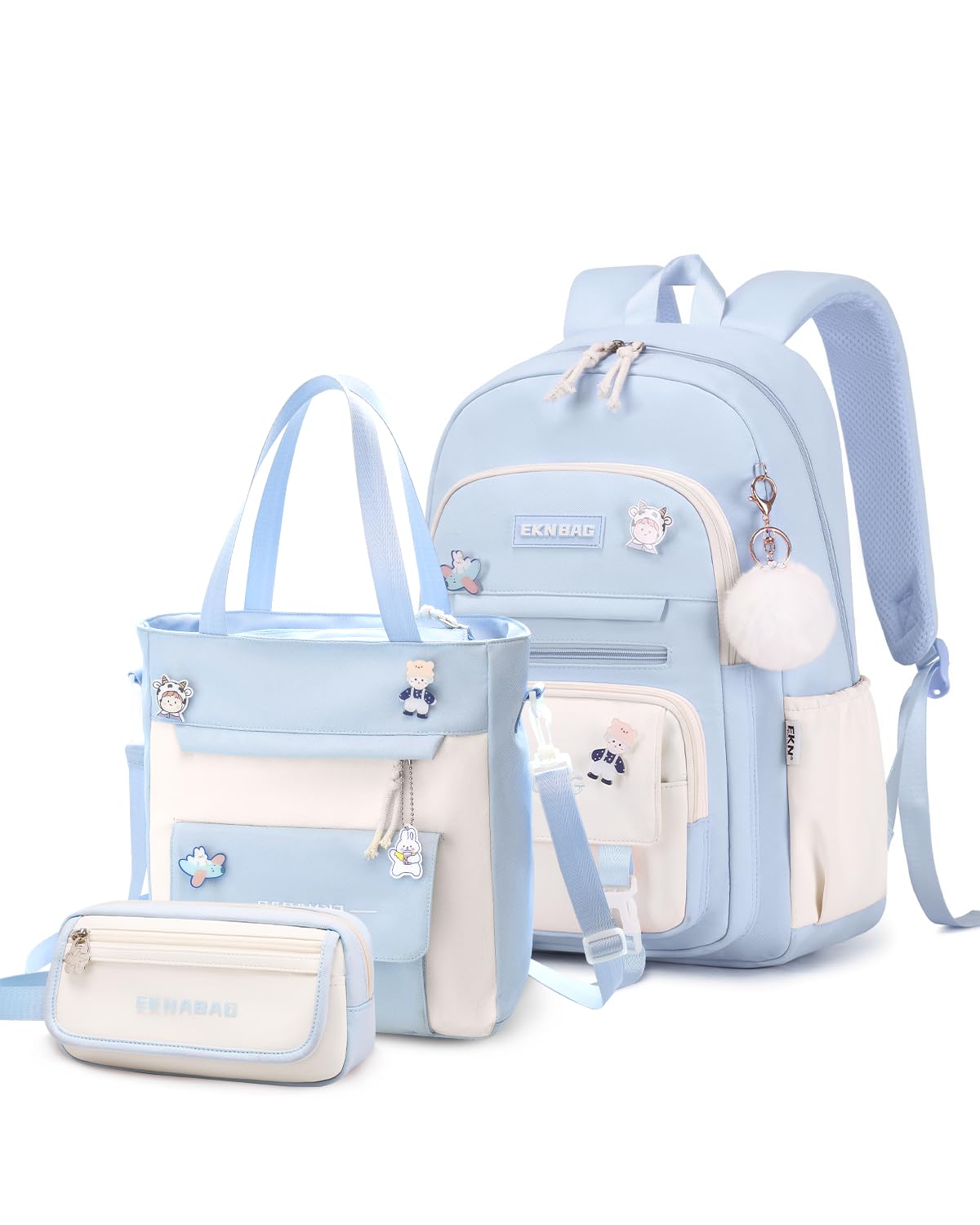 Zaino Scuola Bambina Tanou 3 In 1 - Con Portapranzo Isolato E Astuccio, Stampa Cuori, Blu - Foto 2