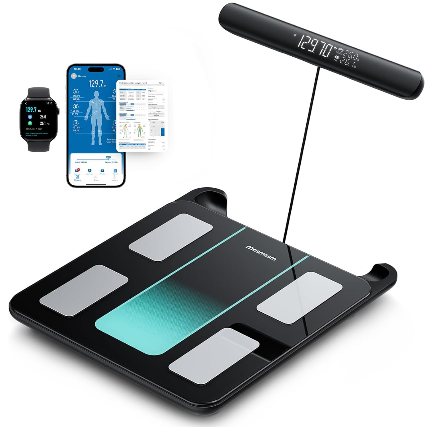 Báscula para peso corporal, 8 electrodos, compatible con FSA y HSA, báscula digital de baño con pantalla de mango y 28 datos corporales Medición BIA