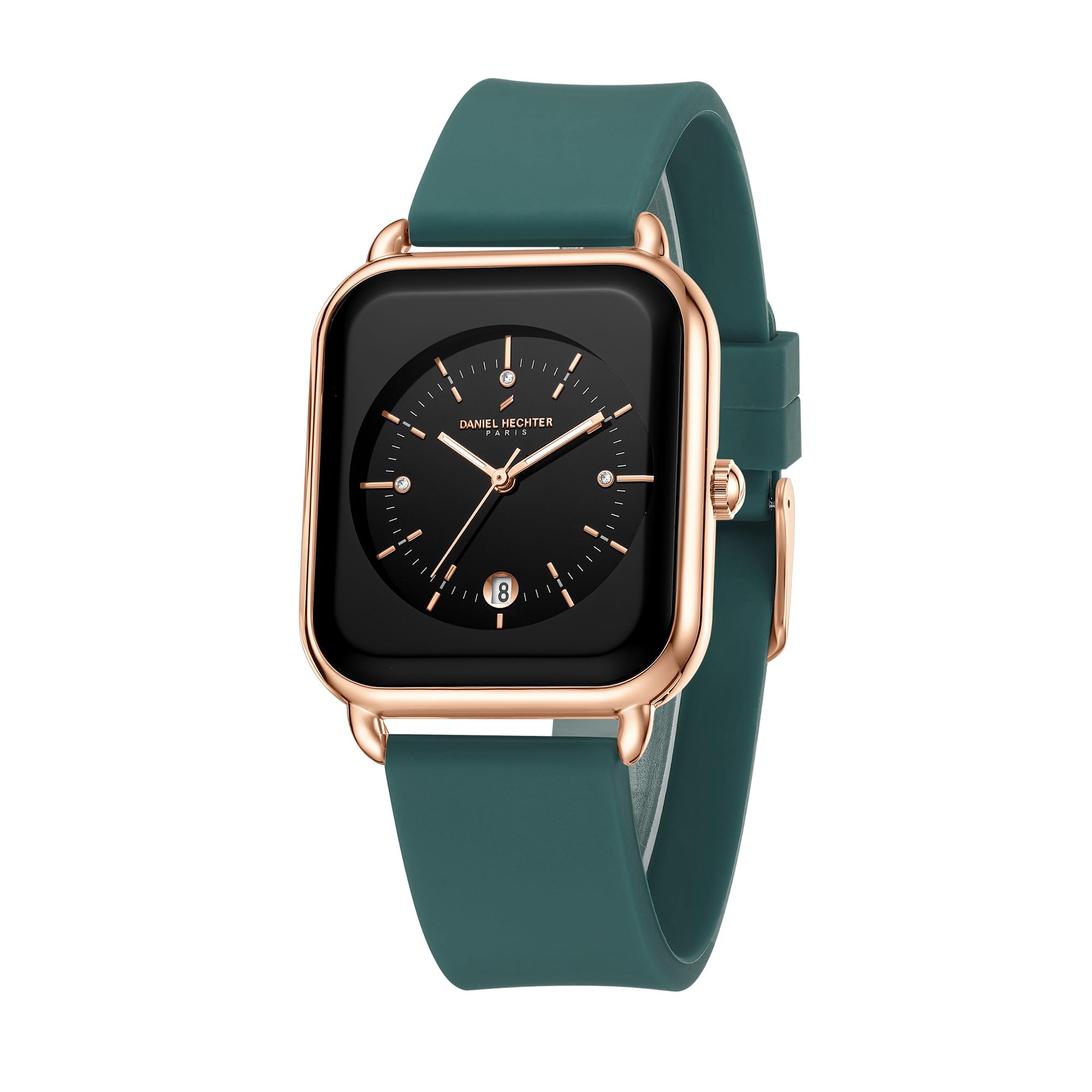 Paris Lea Collection Watch for Women with Square Dial, Crystal and Rose Gold Markers, Date Display and Silicone Strap-image-14