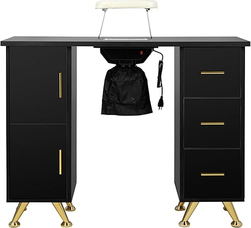 Hicomony Mesa de uñas negra para tecnología de uñas, mesa de manicura con reposabrazos, colector de polvo de uñas, resistente a acetona, mesa de
