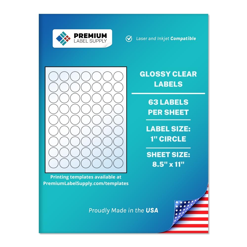 Premium Label Supply Etiquetas redondas adhesivas transparentes brillantes, círculo de 1 pulgada, compatibles con láser y inyección de tinta, (63 etiquetas/hoja), 100 hojas, 6.300 etiquetas adhesivas