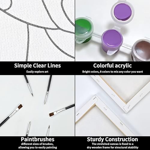Vista 7 de VOCHIC Paquete de 2 kits de pintura y sorbo de lienzo predibujado para pintar para adultos, lienzos estirados, pintura, juego de arte para parejas