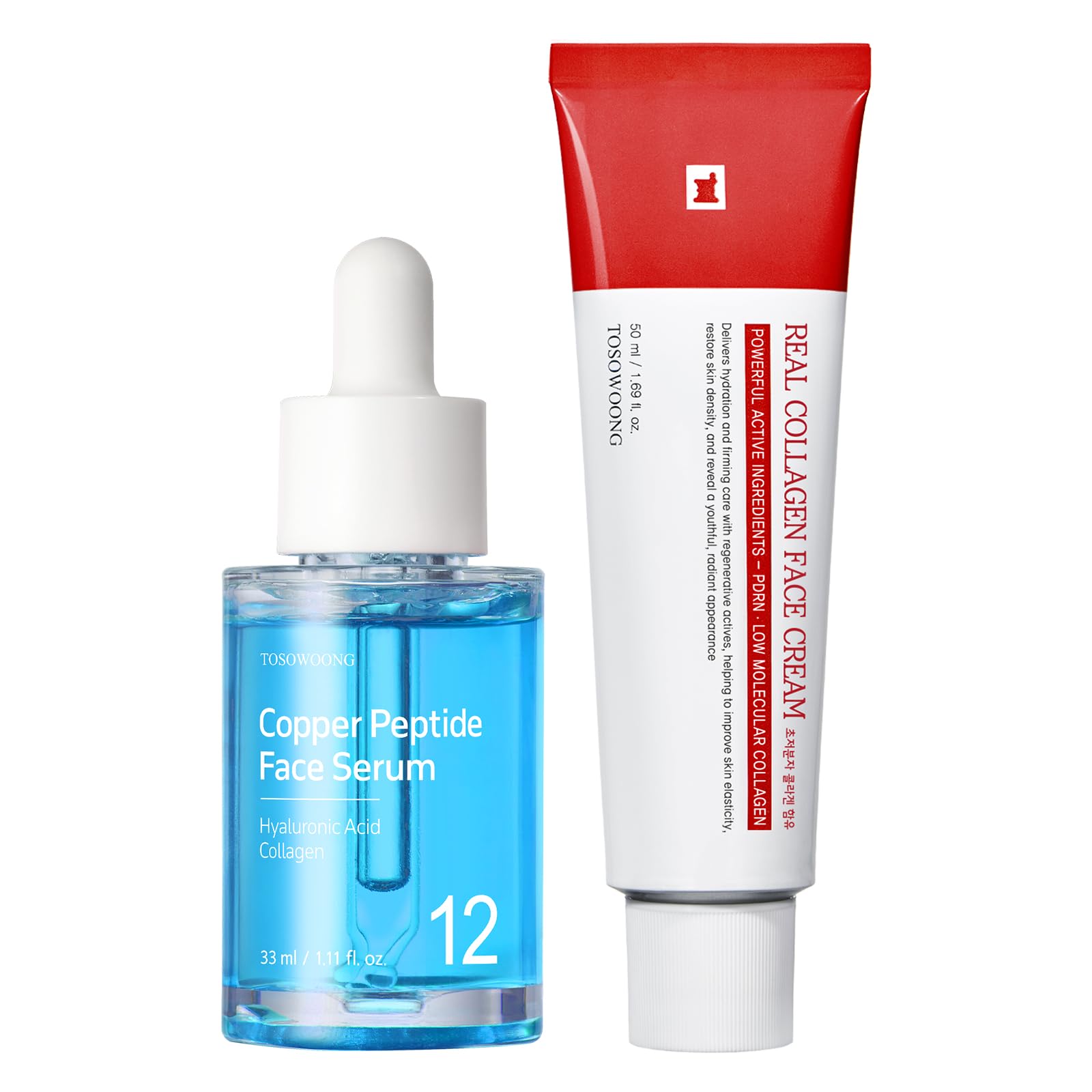 Duo Power Anti-Âge & Raffermissant TOSOWOONG : Sérum Visage Copper Peptide & Crème Visage Real Collagen pour un Éclat Jeune