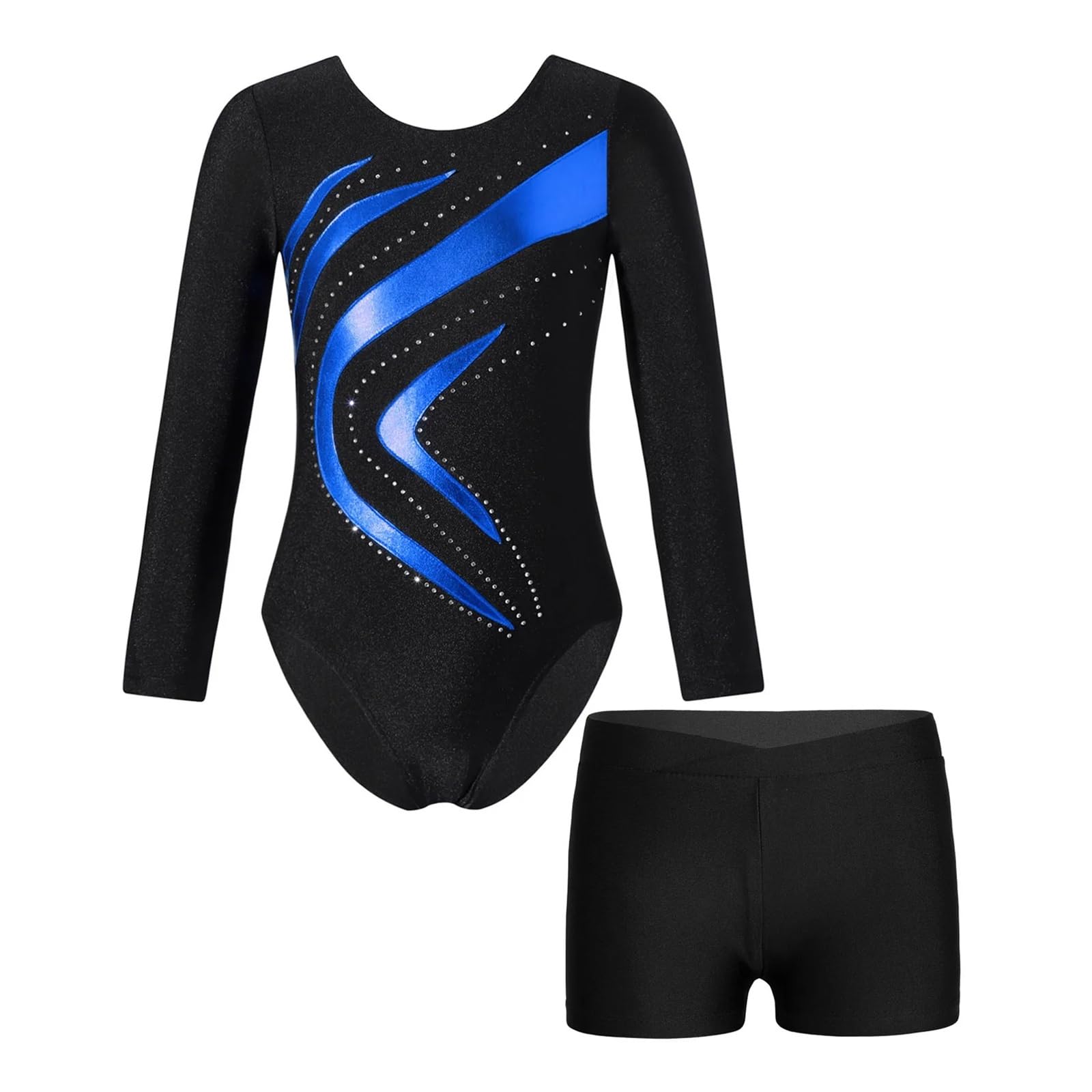 Maillot gimnasia ritmica niña Body de leotardo de gimnasia de retales for niños, conjuntos de Ropa de baile de manga larga, traje de Ballet for niñas, mono de patinaje artístico(Royal Blue,10)