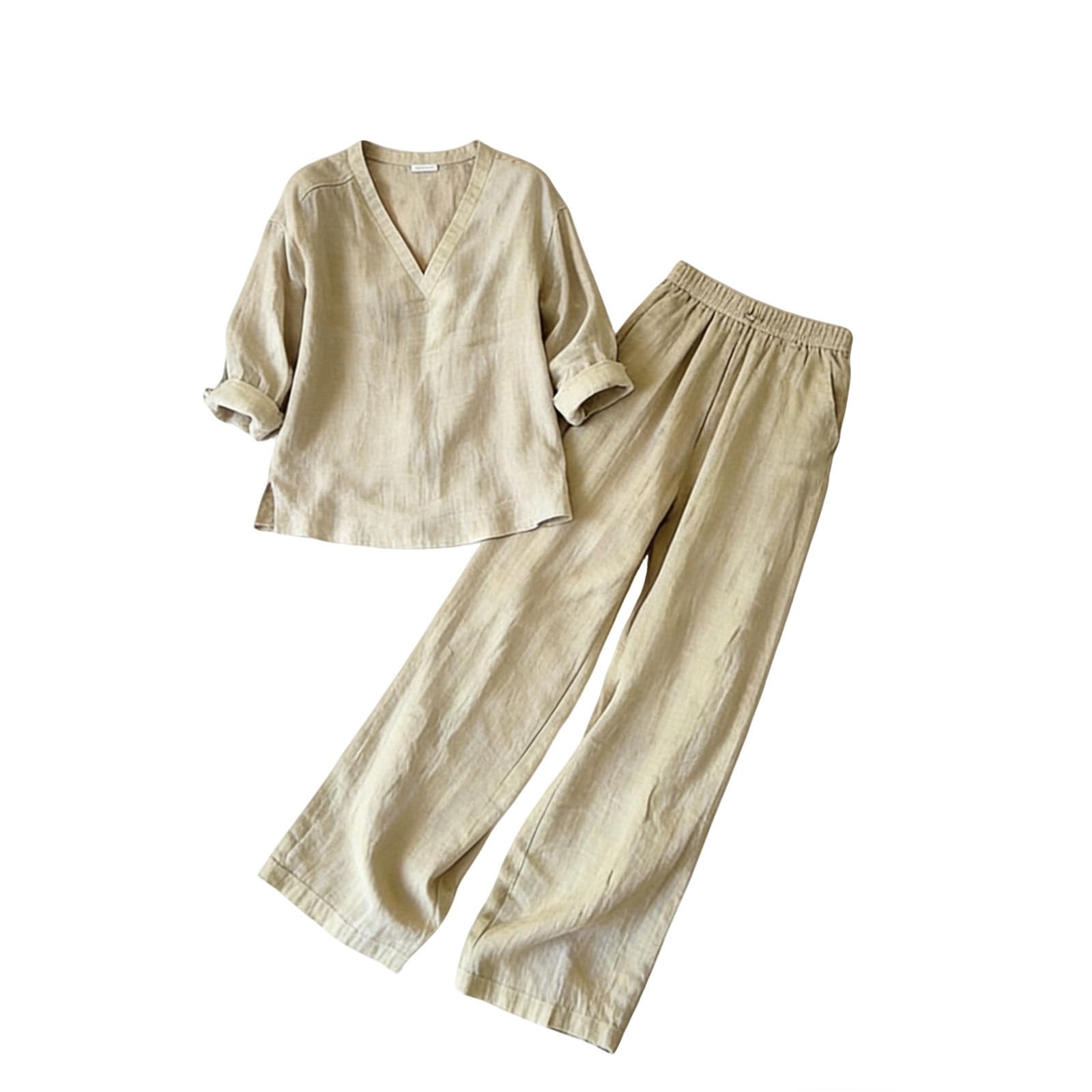 Genérico Conjunto Lino Mujer Verano 2 Piezas Sueltas Algodón y Lino Traje de Primavera Ligero Chándal Blusa Manga Larga Pantalones Moda Tallas Grandes Ropa de Playa Vacaciones Deportivo Casa Trabajo