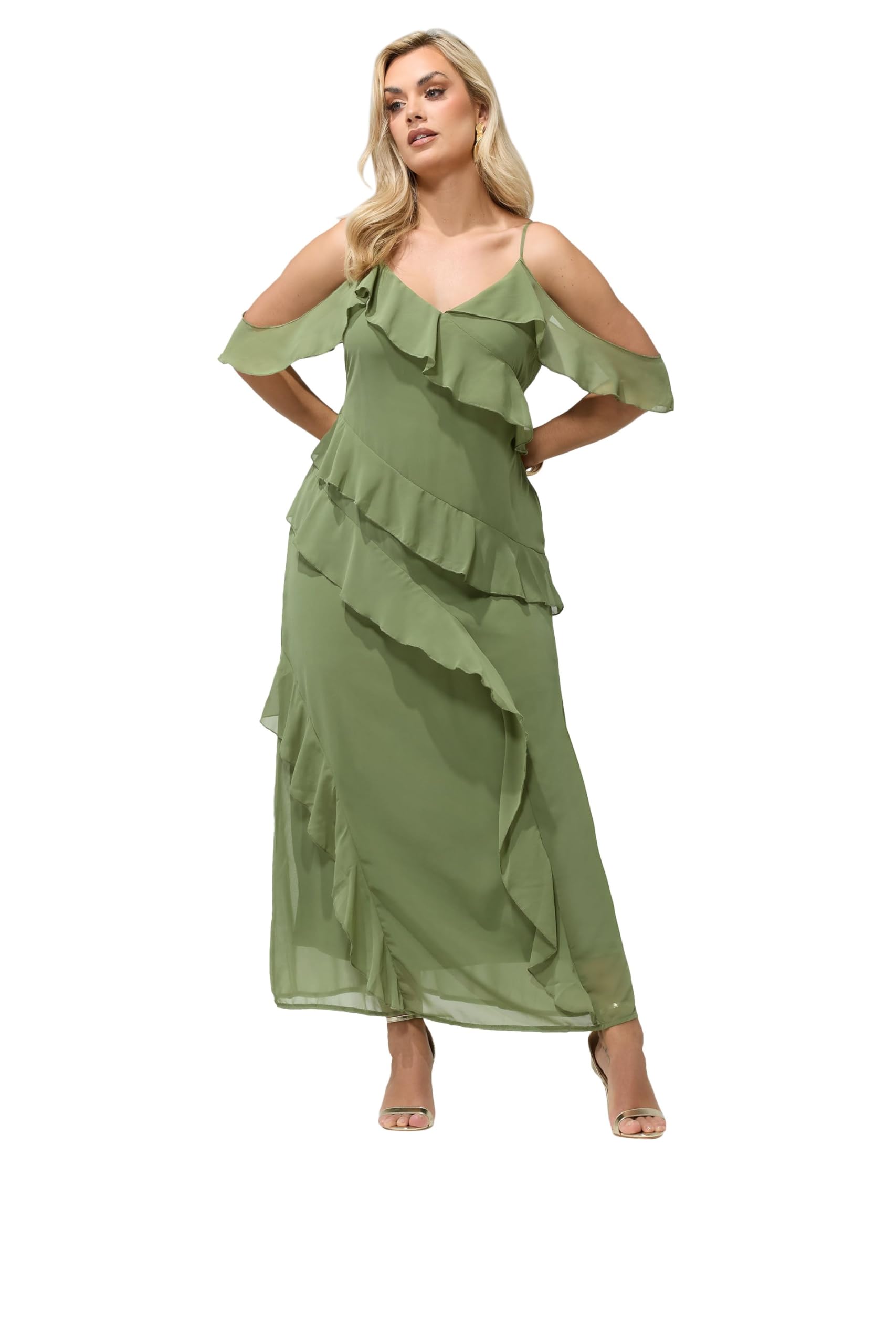 Yours Women's Light Green London Curve Olive Green Ruffle Cold Shoulder Dress - Plus Size Curve