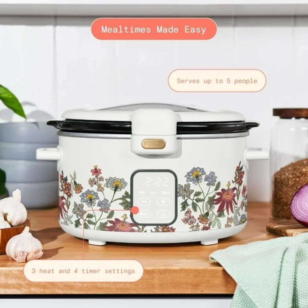 Wonderful 4 Qt Digital Slow Cooker Electric Cooker Pot with Automatic Warm & Hinged Locking Lid, Non-Skid Feet, Cook and Carry Kitchen Appliances (WIldflower White)