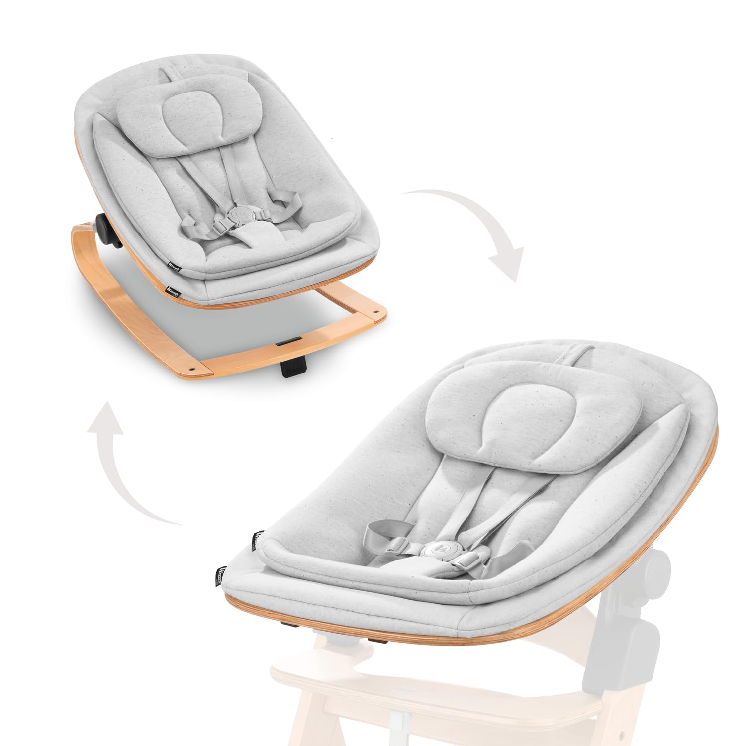 hauck Alpha+ 2 in 1 Bouncer Eco Light, Grey - FSC Sustainable Certified Beechwood, from Birth, Doubles as Floor Standing Rocker, Newborn Set, Compatible with Alpha Highchair, Click On