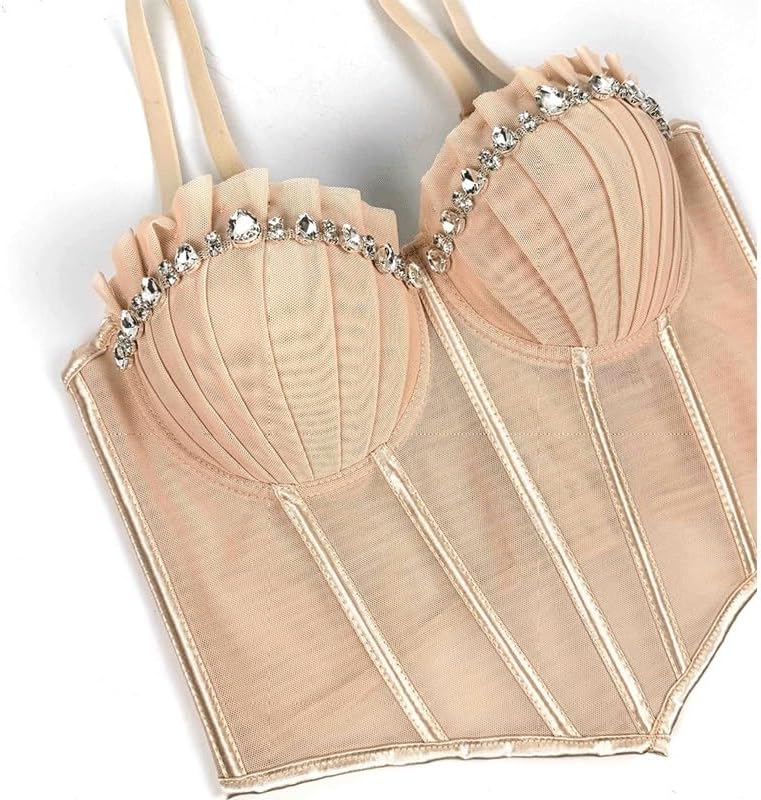 JSEIAJB Women's Rhinestone Pleated Small Camisole Fashionable Personality Outerwear Bra Street Shooting Tight Top