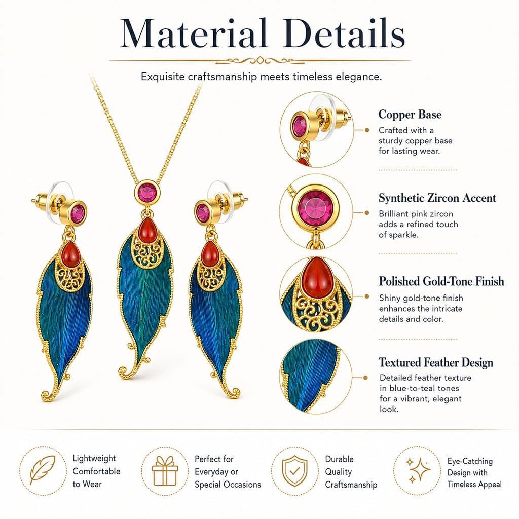 Set Gioielli Con Ciondolo Piuma Blu, Collana E Orecchini A Bottone