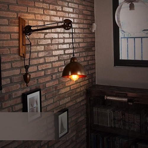 Miniatura 2 de Aplique de pared industrial vintage con polea ajustable con cúpula de metal y lámpara de pared de madera rústica para dormitorio, sala de estar,
