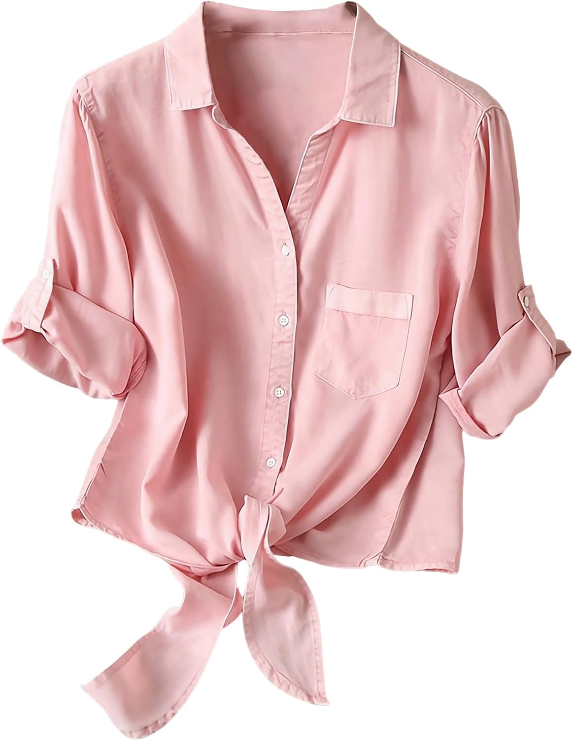 Dauocie Women's Front Tie Tops Casual 3/4 Roll Up Sleeve Button Up Shirts with Pocket