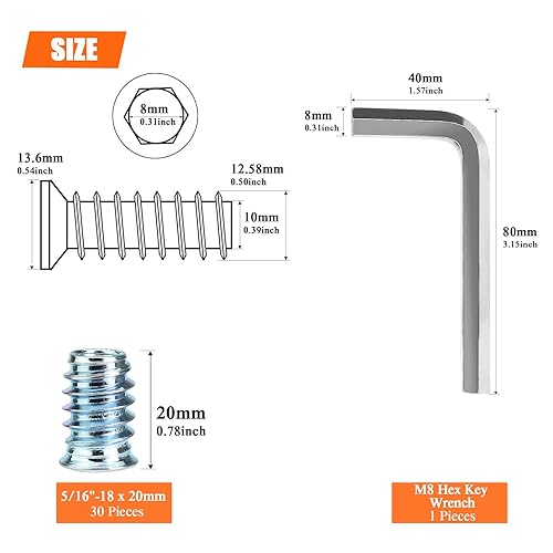 Miniatura 3 de 30 piezas de insertos roscados de 516"-0.709 x 0.787 in con llave hexagonal, insertos roscados 516-18, insertos de madera, insertos roscados de