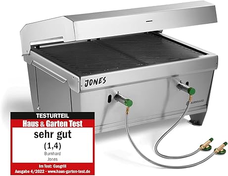 Jones Folding Stainless Steel Gas Barbecue Portable Barbecue with Lid, Multi-Tool and Bag, 2 Burners with a Total Power of 6.4 kW for up to 500 °C, Camping Grill
