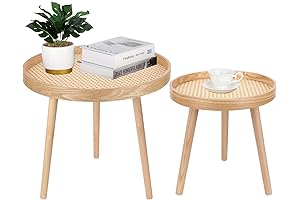 Round Tan Coffee Table Set of 2: Boho Scandinavian Natural Rattan Side Table