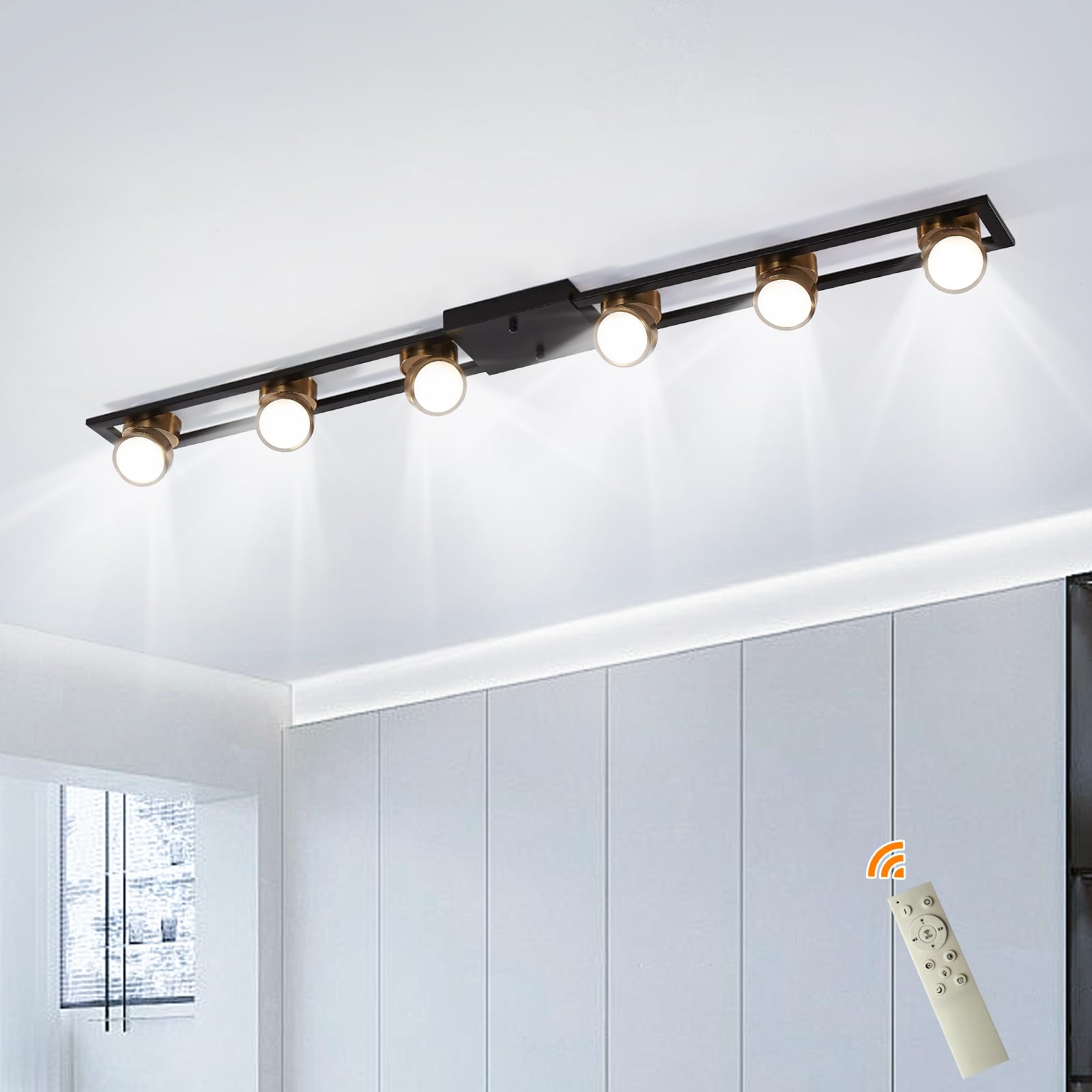 GEADI Modern Deckenlampe 123CM, 72W Dimmbar LED Deckenleuchte mit Fernbedienung, Einstellbar 6 Flammig Küchenlampe Schwarz, Lang Deckenstrahlerleuchte für Wohnzimmer, Schlafzimmer, Esstisch, Flur