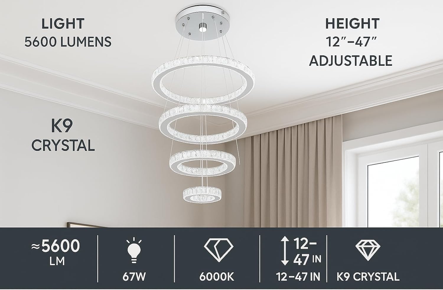 LED Chandeliers, Modern Crystal Chandelier Dining Room Living Room LED Ceiling Pendant Light 4 Rings Adjustable Stainless Steel Contemporary Chandeliers (4r Cool White)