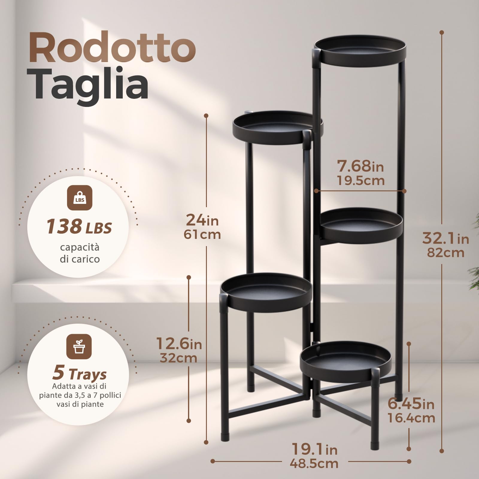 Bamworld Porta piante da interno in metallo a 5 livelli, supporto stabile per piante da interno ed esterno, design moderno per soggiorno, balcone e giardino