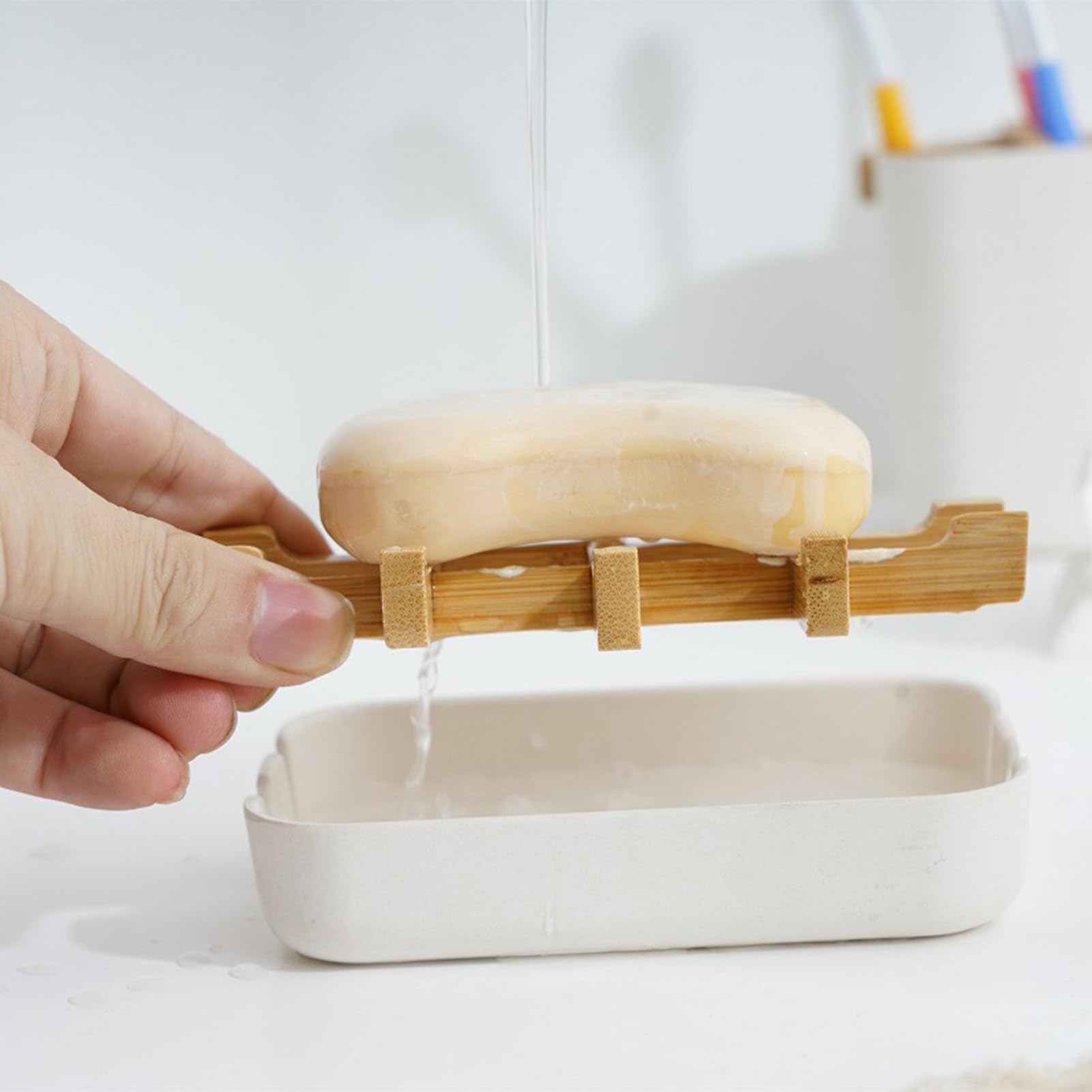 Bandeja de jabón de drenaje, jabonera de bambú con escurridor de madera para ducha, baño, fregadero de cocina, jaboneras cuadradas