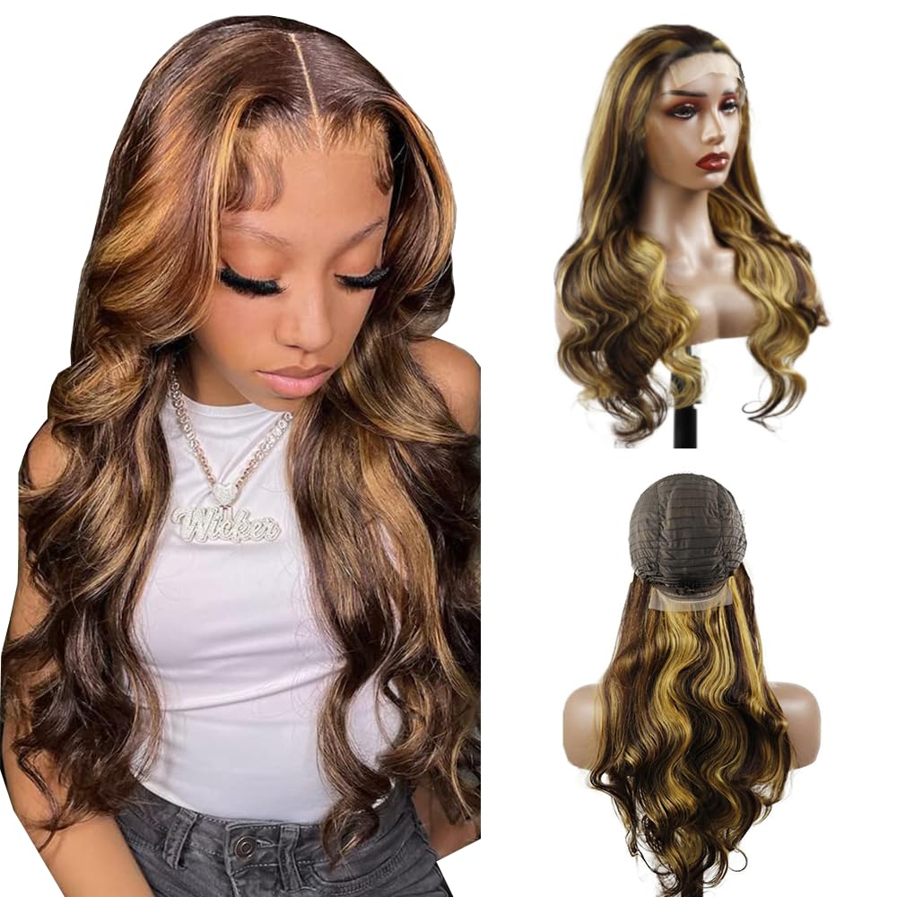 Weeybay Body Wave P4/27 Chocolate Brown With Honey Blonde Highlights 4x4 Lace Front Wigs 30 Inch 180% Density Virgin Natural Hairline Human Hair Wig