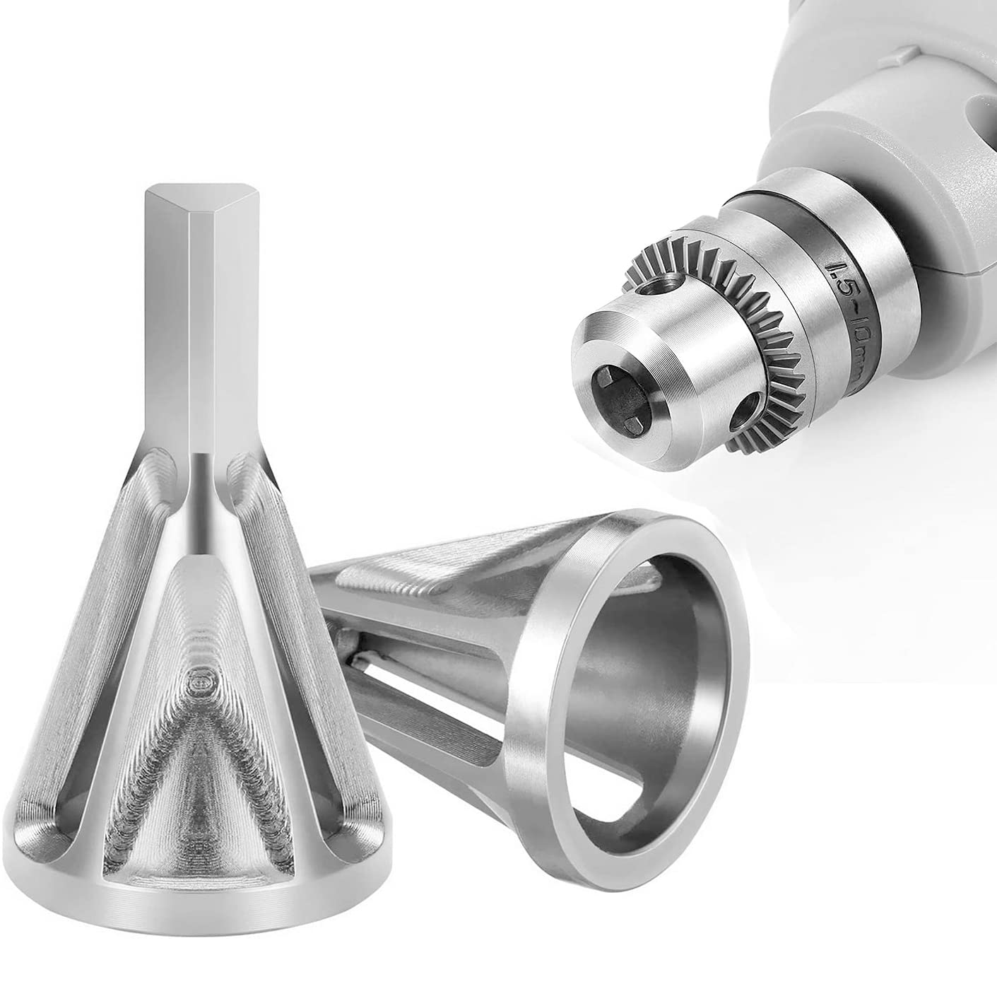 KASTWAVE Triangle Shank Deburring Tool Set, 2Pcs Silver Burr Removal Drill Bit for External Chamfering, Stainless Steel Compatible with All Chuck Types for Quick Bolt Repair